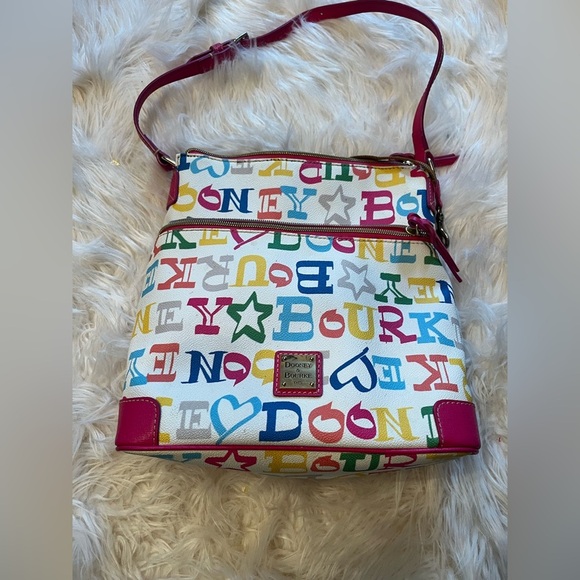 Dooney Bourke Pink Graffiti Rainbow Logo Pattern Tote  Bag  excellent condition - Picture 1 of 7
